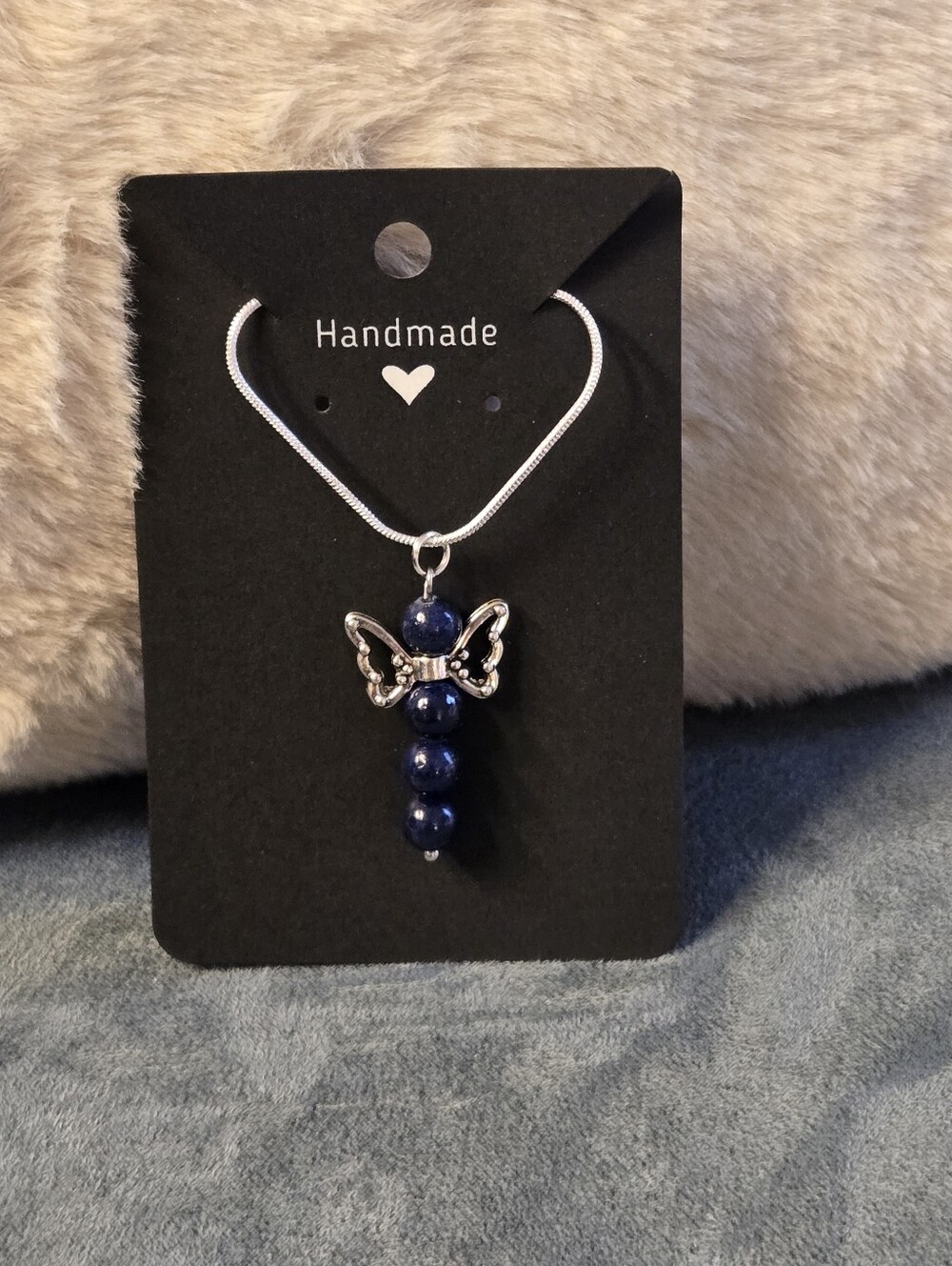 Lapis Blue Beaded Silver Angel Necklace - Hand Crafted